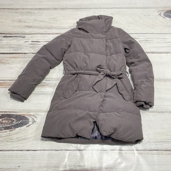 ICHI Puffer Trench Coat Square Tie Brown Size Medium M - Picture 9 of 16